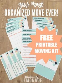 the free printable moving kit for kids is shown with text that reads, your most organized move ever