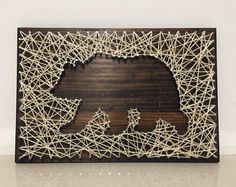 a wooden frame with string art in the shape of a bear on it's side