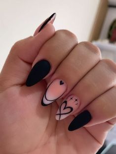 Black Almond Nails With Design, Almond Nails Designs Black, Cute Short Almond Nails, Black Almond Nails Designs, Aesthetic Short Nails, Short Almond Nail Designs, Aesthetics Nails, Nail Aesthetics, Black And White Nail