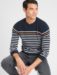 Premium Luxe Striped Crew-Neck Sweater | Banana Republic Factory Banana Republic Factory, Grey Stripes, Crew Neck Sweater, Banana Republic, Long Sleeve Tshirt Men, Men Sweater, Long Sleeves, Man Shop, Crew Neck