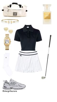 a women's tennis outfit with accessories including a watch, shoes, and bag