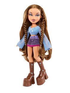 a doll with long hair wearing boots and a blue top is standing in front of a white background