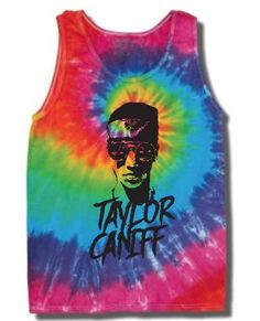 a tie dye tank top with the image of a man wearing sunglasses on it's chest