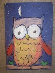 an owl with big eyes sits on a branch in front of the moon and stars