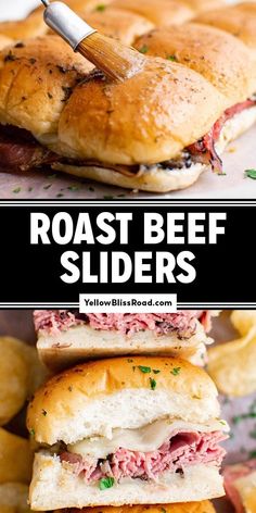 roast beef sliders are stacked on top of each other with the words roast beef sliders above them