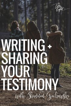 two people standing on a dirt road with the words writing and sharing your testimony