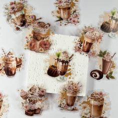 there are many different pictures of coffees on the table with flowers and decorations around them