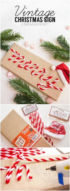 some candy canes are laying on top of the wrapping paper and next to it is a sign that says vintage christmas sign