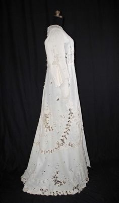 EDWARDIAN CUTWORK WHITEWORK LINEN DRESS, 1912 | eBay Elegant Daywear Dress With Chikankari Embroidery, Bohemian Cutwork Dress For Spring, Elegant Chikankari Embroidery Day Dress, Elegant Chikankari Embroidery Dresses For Daywear, White Regency Style Broderie Anglaise Dresses, White Regency Broderie Anglaise Dresses, White Broderie Anglaise Regency Dress, Elegant Linen Dresses With Broderie Anglaise, White Cutwork Dress For Wedding