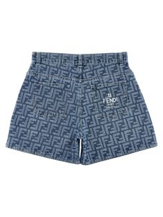 KIDS Cotton denim shorts with all-over FF logo pattern, zip and button closure, pockets. Composition: 100% cotton Luxury Cotton Jean Shorts, Luxury High-waisted Denim Shorts, Luxury Denim Blue Shorts With Pockets, Fendi Swim Shorts, Louis Vuitton Print Shorts, Logo Pattern, Prada Leather, Kenzo Kids, Stella Mccartney Kids