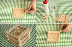 four pictures showing how to make a wooden crate