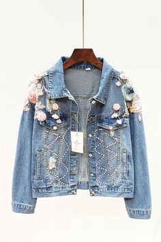 MONICA DIZO HANDMADE RIPPED THREE DIMENSIONAL BEADED FLOWER DENIM WOMEN JACKET sold by Boopdocom on Storenvy Jewel Jeans, Costume Jeans, Clothing Makeovers, Jeans Bordado, Football Clothing, Demin Jacket, Embellished Denim Jacket