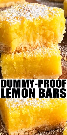 three pieces of lemon bars stacked on top of each other with the title overlay