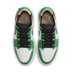 The Air Jordan 1 Elevate Low SE 'Lucky Green' is a stylish and modern take on the classic silhouette. Featuring a white leather base, creamy Lucky Green overlays, and black patent leather Swooshes, this sneaker is perfect for any casual look. The special Lucky Charm hangtag is placed on the signature thick midsole, and the silhouette is finished with a 'Wings' logo at the back and a cork insole. Inspired by the classic Air Jordan 1, this sneaker is perfect for any activity and will keep you look Air Jordan 1 Elevate Low, Jordan 1 Elevate Low, Jordan 1 Elevate, Wmns Air Jordan 1, Jordan Sneaker, Jordan Model, Jordan 11 Retro Low, Womens Air Jordans, Jordans Women