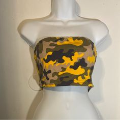 Never Worn Top In Good Condition Trendy Multicolor Tube Top, Trendy Yellow Tube Top For Spring, Trendy Camouflage Summer Top, Summer Stretch Camouflage Tops, Trendy Summer Camouflage Top, Trendy Camouflage Tops For Summer, Spring Stretch Camouflage Top, Trendy Multicolor Tube Top For Spring, Trendy Camouflage Tops For Spring