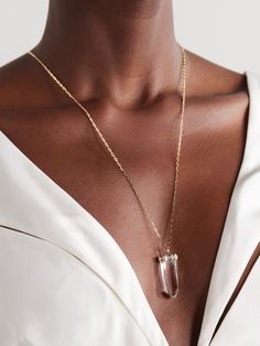 The cool thing about JIA JIA's designs is that each one is set with stones picked by the designer herself, making each one feel really special. This necklace is handcrafted from 14-karat gold and anchored by a raw crystal quartz - the stone is believed to amplify energy and provide balance and clarity. The halo of diamonds adds just the right amount of sparkle, while the 26-inch chain serves as the perfect length for layering. Raw Quartz Crystal, Raw Crystal, Crystal Quartz, The Cool, Jewellery And Watches, Quartz Crystal, Luxury Design, Diamond Necklace, Halo