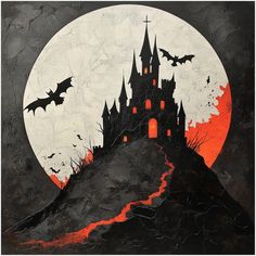 a painting of a castle with bats flying over it