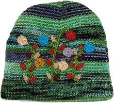 Prairies Unisex Wool Winter Hat with Floral Details | Accessories | Multicoloured | Vacation, Gift, Fall, Floral, Striped, Bohemian, Handmade Green Winter Hat, Woolen Hat, Wool Hat Knit, Green Accessories, Bohemian Handmade, Wool Winter, Bridesmaid Outfit, Boho Gifts, Unisex Accessories