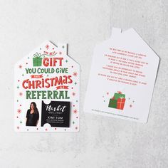 a gift tag with a christmas refer card next to it on a white table top