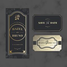 two black and gold wedding save the date cards with roses on them, next to each other