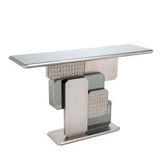 a silver table with two squares on the top and one square in the middle, against a white background