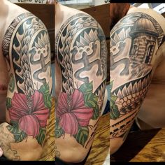 a man's half sleeve with tattoos and flowers