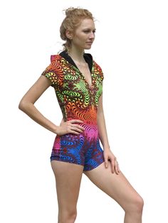 Free delivery to USA, Canada, UK, Europe, Australia & Japan! Hooded Playsuit : Rainbow Fractal Fully printed lycra hooded playsuit / romper with a lined hood. UV Active ! Cotton lycra fabric (95% cotton, 5% lycra) Please note, The pattern & colours can vary a bit, depending on which part of the fabric is used. Artwork by Space Tribe Sizes available, S/M. M/L For size guide see last photo. See all Space Tribe catsuits and capes here: https://www.etsy.com/shop/SpaceTribeClothing?ref=seller-platform-mcnav&section_id=19224858 or browse the Space Tribe etsy store to see our full selection of goodies: https://www.etsy.com/shop/SpaceTribeClothing Shipping weight : 0.40 kg. DELIVERY. All goods are shipped from Bali. We will need a telephone number for the courier to be able to deliver your package Fitted Rave Unitard For Festivals, Rave Stretch Unitard For Festivals, Rave Style Stretch Unitard For Festivals, Rave Unitard With Stretch For Festivals, Rave Unitard With Stretch Fit For Festivals, Rave Bodysuit For Music Festival, Fitted Multicolor Swimwear For Music Festival, Multicolor Fitted Rave Unitard, Multicolor Bodysuit For Summer Music Festival