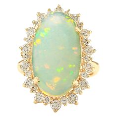 8.29 Carat Natural Opal 14K Yellow Gold Diamond Ring - Fashion Strada Sapphire Cocktail Ring, Opal Diamond Ring, Yellow Gold Diamond Ring, Diamond Cocktail Rings, Gold Diamond Ring, La Face, I Love Jewelry, Opal Pendants, Gold Diamond Rings