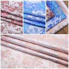 four different types of fabric with flowers and leaves on the bottom, one in blue and pink