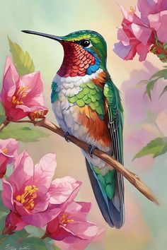 a painting of a hummingbird perched on a branch with pink flowers