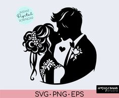 the silhouette of a bride and groom kissing in front of a blue background with words svg