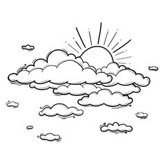 a black and white drawing of clouds with the sun in the sky above them on a sunny day