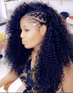 Curly Weave With Braids, Braids And Curly Hairstyles Black Women, Curly Hair With Braids On The Side, Half Weave Hairstyles, Fluffy Braids Hairstyles, Half Crochet Hairstyles, Braids And Crochet Hairstyles Half, Half Cornrows Half Crochet, Birthday Hairstyles Black Women