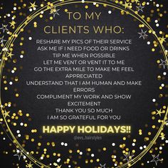 a black and gold happy holidays card with the words to my client who ask me if i need food or drink