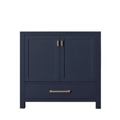 an image of a blue cabinet with gold handles on it's doors and drawers