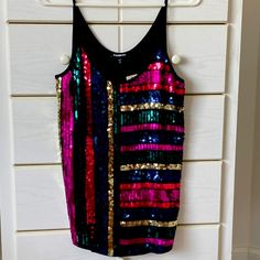 Express Multi-Colored Sequined Cami Polyester; Hand Wash Separately Small/Petite; Runs A Little Big Chic Multicolor Tank Top For Party, Cheap Multicolor Spaghetti Strap Camisole, Chic Multicolor Spaghetti Strap Camisole, Chic Multicolor Sequined Tops, Glamorous Sequined Spaghetti Strap Camisole, Multicolor Sequined Sleeveless Top, Multicolor V-neck Camisole For Vacation, Black Spaghetti Strap, White Cami