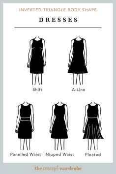 the concept wardrobe | A selection of great dress styles for the inverted triangle body shape. Nipped and belted styles that flare from the hip work best for this body shape. Bottoms For Hourglass Shape, Clothes For An Hourglass Shape, Dress Styles For Hourglass Shape, Flattering Dresses Body Shapes, How To Style Hourglass Body Shape, Dresses Hourglass Shape, Bottom Hourglass Shape Outfits, How To Dress An Hourglass Body Shape, Outfit Ideas For Hourglass Shape