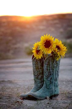 a pair of cowboy boots with a sunflower in the middle of it on a dirt road