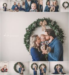 a collage of photos shows a man and woman holding their baby in front of a christmas wreath