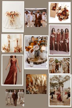 a collage of photos with people dressed in brown and white, including an orange flower bouquet