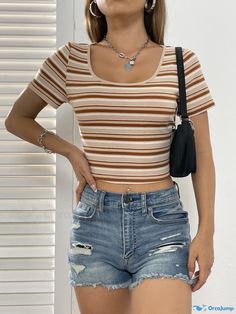 Orcajump - Striped Print T-shirt, Casual Crew Neck Short Sleeve T-shirt For Spring & Summer, Women's Clothing Striped Stretch T-shirt With Short Sleeves, Striped Stretch Short Sleeve T-shirt, Stretch Striped Short Sleeve T-shirt, Basic Striped Short Sleeve Tops, Brown Cotton Short Sleeve Crop Top, Brown Short Sleeve Cotton Crop Top, Brown Stretch Short Sleeve T-shirt, Striped Cotton Crew Neck Crop Top, Fitted Striped Short Sleeve T-shirt