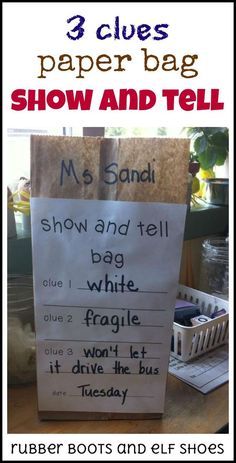 a paper bag with writing on it and the words ms sandi show and tell