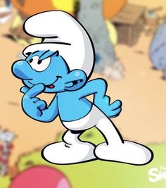 the smurfs cartoon character is holding his hand to his face while standing in front of balloons