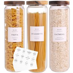 three glass jars filled with pasta next to each other