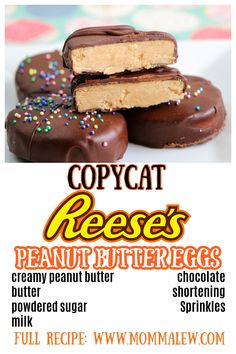 chocolate peanut butter eggs Reese's Recipes, Peanut Butter Eggs Recipe, Reese Peanut Butter Eggs, Peanut Butter Easter Eggs, Butter Desserts, Peanut Butter Eggs, Chocolate Candy Recipes, Easter Sweets