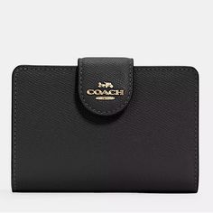 Black Coach Wallet Nwt Black Travel Wallets With Snap Closure, Black Travel Wallet With Snap Closure, Chic Coach Bifold Wallet, Modern Coach Wallets, Black Bifold Wallet With Snap Closure, Compact Black Leather Wallets, Compact Black Leather Wallet, Classic Coach Wallets For Everyday Use, Classic Coach Everyday Wallets