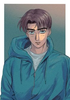 an anime character with blue eyes and a hoodie