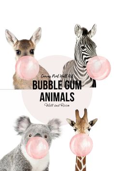 four different animals with bubble gums in front of the words bubble gum animals written below