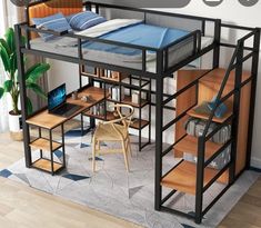 a loft bed is shown with stairs and shelves on the bottom floor, as well as a desk