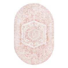 a pink and white rug with an intricate design on the center, in front of a white background